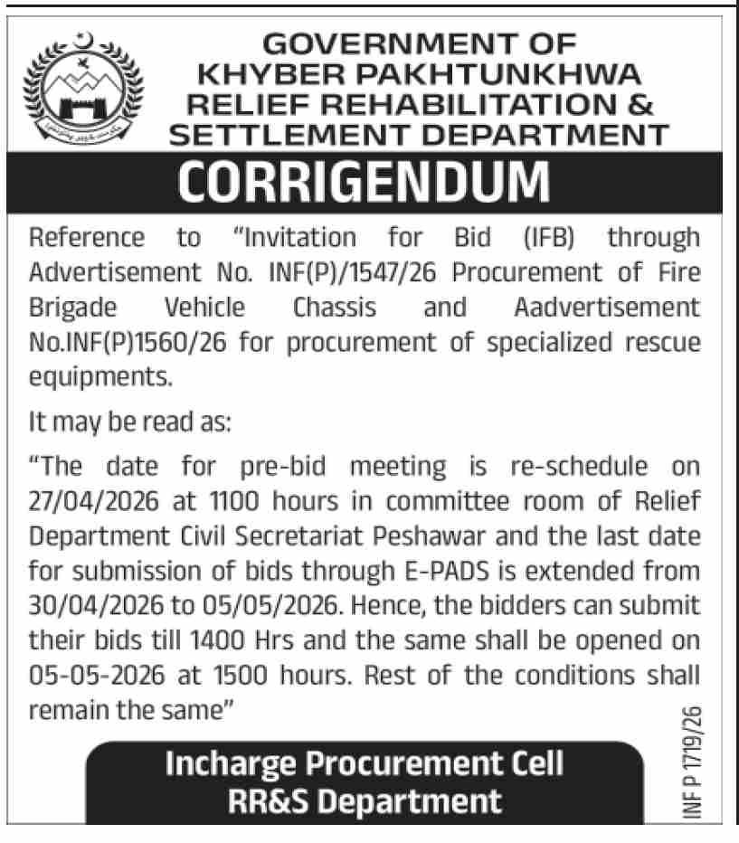 Procurement of Fire Brigade Vehicle Chassis & Specialized Rescue Equipments